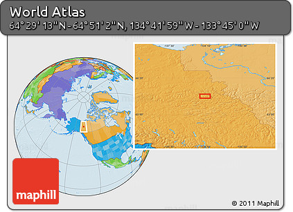 Political Location Map of the Area around 64°&nbsp;40'&nbsp;8"&nbsp;N,&nbsp;134°&nbsp;13'&nbsp;29"&nbsp;W