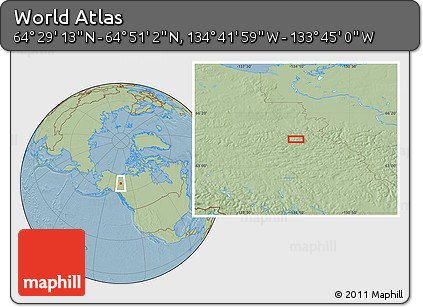 Savanna Style Location Map of the Area around 64°&nbsp;40'&nbsp;8"&nbsp;N,&nbsp;134°&nbsp;13'&nbsp;29"&nbsp;W, hill shading