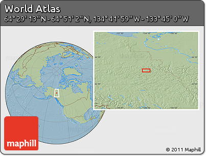 Savanna Style Location Map of the Area around 64°&nbsp;40'&nbsp;8"&nbsp;N,&nbsp;134°&nbsp;13'&nbsp;29"&nbsp;W, hill shading