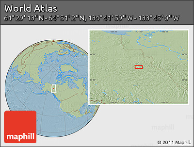 Savanna Style Location Map of the Area around 64°&nbsp;40'&nbsp;8"&nbsp;N,&nbsp;134°&nbsp;13'&nbsp;29"&nbsp;W, hill shading