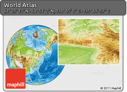 Physical Location Map of the Area around 64° 40' 8" N, 135° 13' 29" E