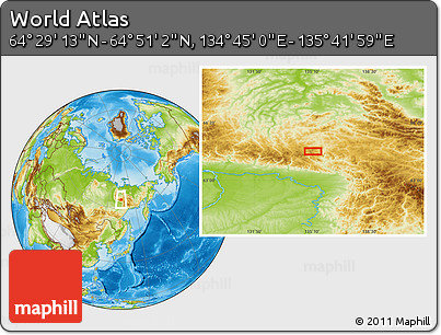 Physical Location Map of the Area around 64° 40' 8" N, 135° 13' 29" E