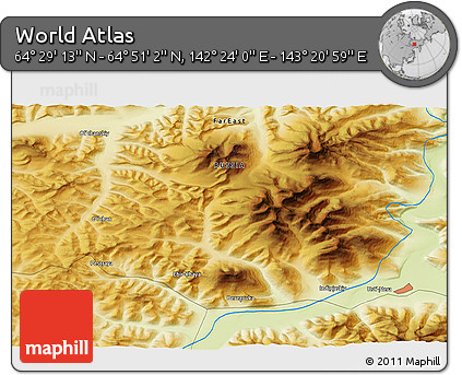 Physical 3D Map of the Area around 64° 40' 8" N, 142° 52' 30" E
