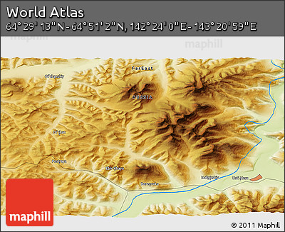 Physical 3D Map of the Area around 64° 40' 8" N, 142° 52' 30" E