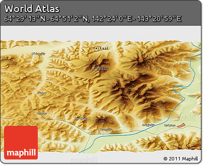 Physical 3D Map of the Area around 64° 40' 8" N, 142° 52' 30" E
