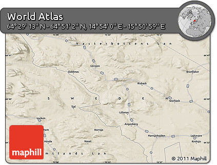 Shaded Relief Map of the Area around 64° 40' 8" N, 15° 22' 30" E