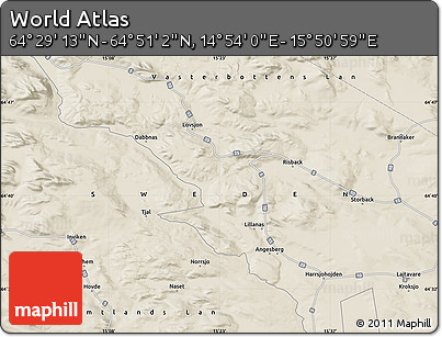 Shaded Relief Map of the Area around 64° 40' 8" N, 15° 22' 30" E