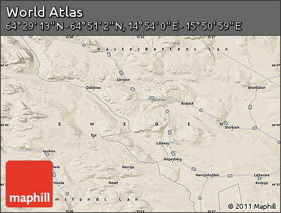 Shaded Relief Map of the Area around 64° 40' 8" N, 15° 22' 30" E