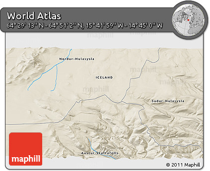 Shaded Relief 3D Map of the Area around 64° 40' 8" N, 15° 13' 29" W