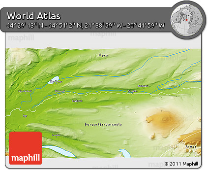 Physical 3D Map of the Area around 64° 40' 8" N, 21° 10' 29" W