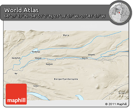 Shaded Relief 3D Map of the Area around 64° 40' 8" N, 21° 10' 29" W