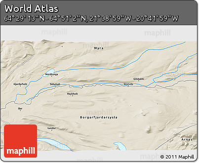 Shaded Relief 3D Map of the Area around 64° 40' 8" N, 21° 10' 29" W