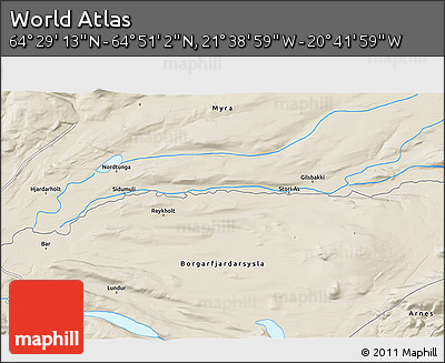 Shaded Relief 3D Map of the Area around 64° 40' 8" N, 21° 10' 29" W
