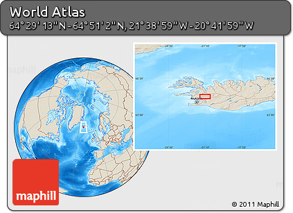 Shaded Relief Location Map of the Area around 64° 40' 8" N, 21° 10' 29" W