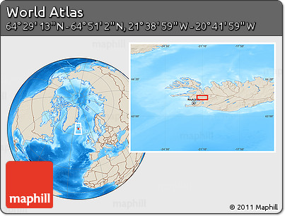 Shaded Relief Location Map of the Area around 64° 40' 8" N, 21° 10' 29" W