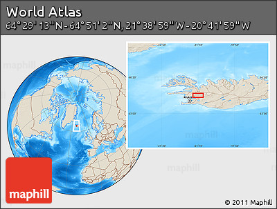 Shaded Relief Location Map of the Area around 64° 40' 8" N, 21° 10' 29" W