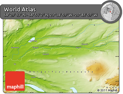 Physical Map of the Area around 64° 40' 8" N, 21° 10' 29" W