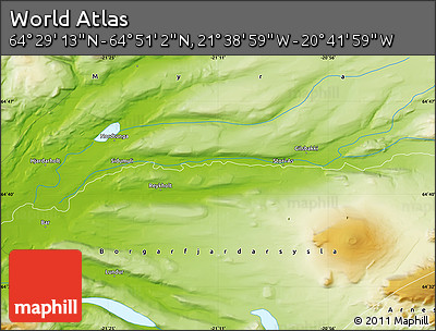 Physical Map of the Area around 64° 40' 8" N, 21° 10' 29" W