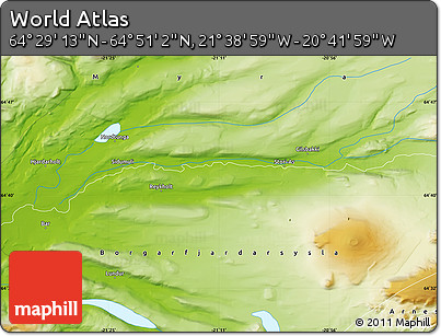 Physical Map of the Area around 64° 40' 8" N, 21° 10' 29" W
