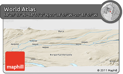 Shaded Relief Panoramic Map of the Area around 64° 40' 8" N, 21° 10' 29" W
