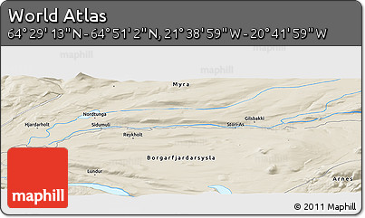 Shaded Relief Panoramic Map of the Area around 64° 40' 8" N, 21° 10' 29" W