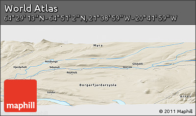 Shaded Relief Panoramic Map of the Area around 64° 40' 8" N, 21° 10' 29" W