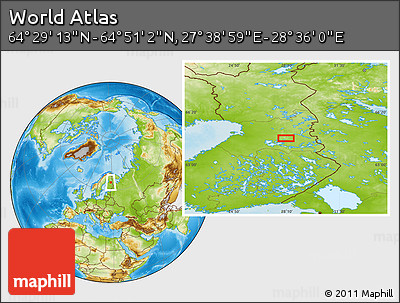 Physical Location Map of the Area around 64° 40' 8" N, 28° 7' 30" E