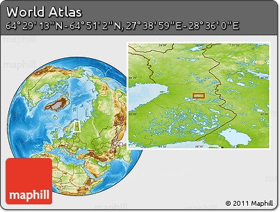 Physical Location Map of the Area around 64° 40' 8" N, 28° 7' 30" E