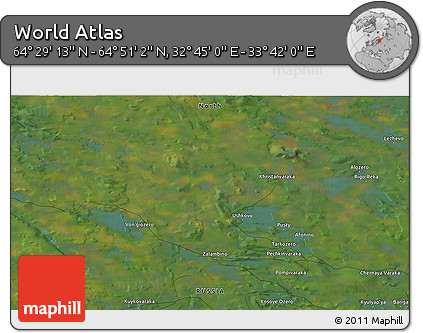 Satellite 3D Map of the Area around 64° 40' 8" N, 33° 13' 30" E