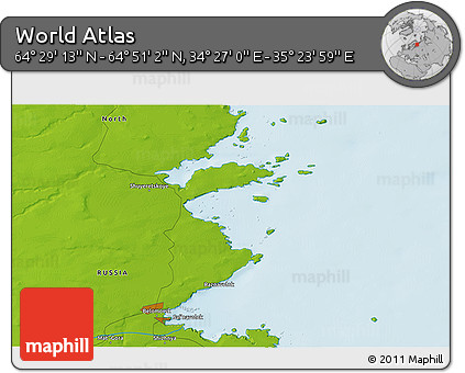 Physical 3D Map of the Area around 64° 40' 8" N, 34° 55' 29" E