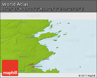 Physical 3D Map of the Area around 64° 40' 8" N, 34° 55' 29" E