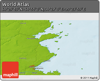 Physical 3D Map of the Area around 64° 40' 8" N, 34° 55' 29" E