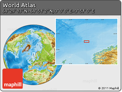 Physical Location Map of the Area around 64° 40' 8" N, 3° 28' 30" E