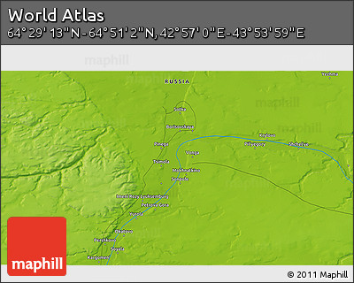 Physical 3D Map of the Area around 64° 40' 8" N, 43° 25' 29" E