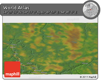 Satellite 3D Map of the Area around 64° 40' 8" N, 44° 16' 29" E