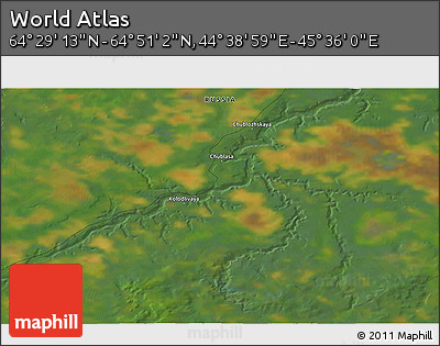 Satellite 3D Map of the Area around 64° 40' 8" N, 45° 7' 30" E