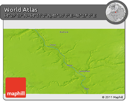Physical 3D Map of the Area around 64° 40' 8" N, 45° 58' 30" E