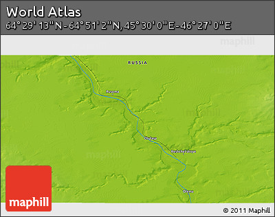 Physical 3D Map of the Area around 64° 40' 8" N, 45° 58' 30" E