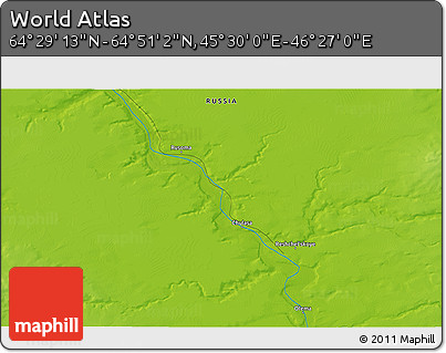 Physical 3D Map of the Area around 64° 40' 8" N, 45° 58' 30" E