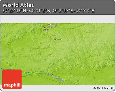 Physical 3D Map of the Area around 64° 40' 8" N, 48° 31' 29" E