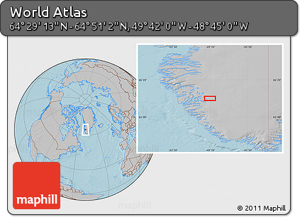 Gray Location Map of the Area around 64° 40' 8" N, 49° 13' 30" W, hill shading