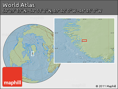 Savanna Style Location Map of the Area around 64° 40' 8" N, 49° 13' 30" W, hill shading