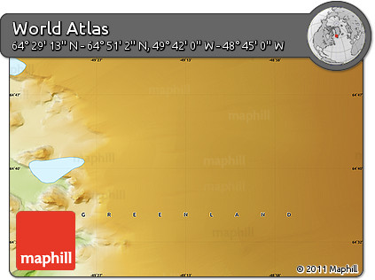 Physical Map of the Area around 64° 40' 8" N, 49° 13' 30" W