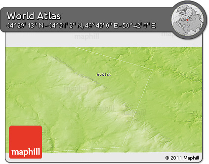 Physical 3D Map of the Area around 64° 40' 8" N, 50° 13' 30" E