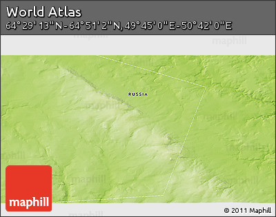 Physical 3D Map of the Area around 64° 40' 8" N, 50° 13' 30" E