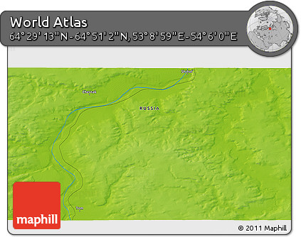 Physical 3D Map of the Area around 64° 40' 8" N, 53° 37' 30" E
