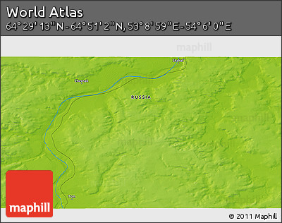 Physical 3D Map of the Area around 64° 40' 8" N, 53° 37' 30" E