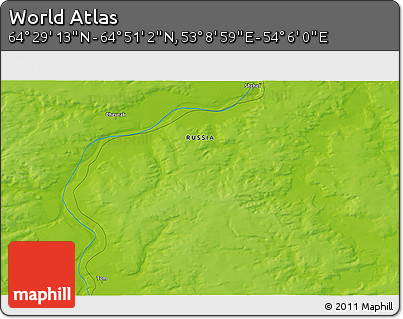 Physical 3D Map of the Area around 64° 40' 8" N, 53° 37' 30" E
