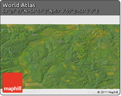 Satellite 3D Map of the Area around 64° 40' 8" N, 53° 37' 30" E