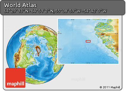 Physical Location Map of the Area around 64° 40' 8" N, 55° 10' 29" W